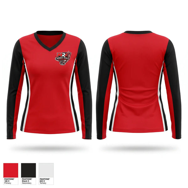Womens Long Sleeve Vneck Shirt, Midwest Rivals Allstar, Cheer, Teamtime, Team time, sublimation, custom sports apparel, team uniforms, spirit wear, spiritwear, sports uniforms, custom shirts, team store, custom team store, fundraiser sports, apparel fundraiser