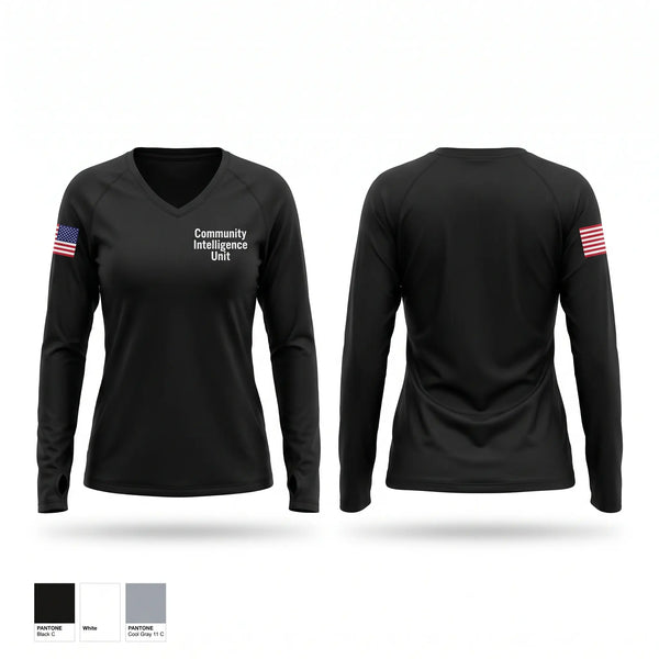 Womens Long Sleeve Vneck Shirt, Community intelligence unit, , Teamtime, Team time, sublimation, custom sports apparel, team uniforms, spirit wear, spiritwear, sports uniforms, custom shirts, team store, custom team store, fundraiser sports, apparel fundraiser
