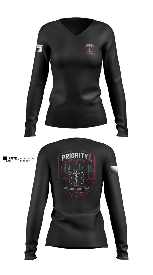 Womens Long Sleeve Vneck Shirt, Priority 1 Rescue, EMS/EMT, Teamtime, Team time, sublimation, custom sports apparel, team uniforms, spirit wear, spiritwear, sports uniforms, custom shirts, team store, custom team store, fundraiser sports, apparel fundraiser