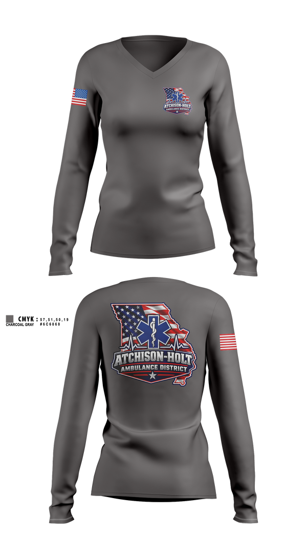 Womens Long Sleeve Vneck Shirt, Atchison Holt Ambulance District, EMS/EMT, Teamtime, Team time, sublimation, custom sports apparel, team uniforms, spirit wear, spiritwear, sports uniforms, custom shirts, team store, custom team store, fundraiser sports, apparel fundraiser