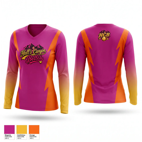 Womens Long Sleeve Vneck Shirt, Hells Canyon Belles, Softball, Teamtime, Team time, sublimation, custom sports apparel, team uniforms, spirit wear, spiritwear, sports uniforms, custom shirts, team store, custom team store, fundraiser sports, apparel fundraiser