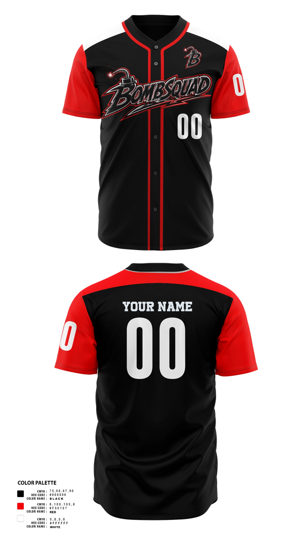 Full Button Baseball Jersey, BombSquad, Baseball, Teamtime, Team time, sublimation, custom sports apparel, team uniforms, spirit wear, spiritwear, sports uniforms, custom shirts, team store, custom team store, fundraiser sports, apparel fundraiser