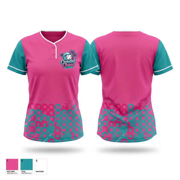 Two Button Softball Jersey, Coastal Chaos, Softball, Teamtime, Team time, sublimation, custom sports apparel, team uniforms, spirit wear, spiritwear, sports uniforms, custom shirts, team store, custom team store, fundraiser sports, apparel fundraiser