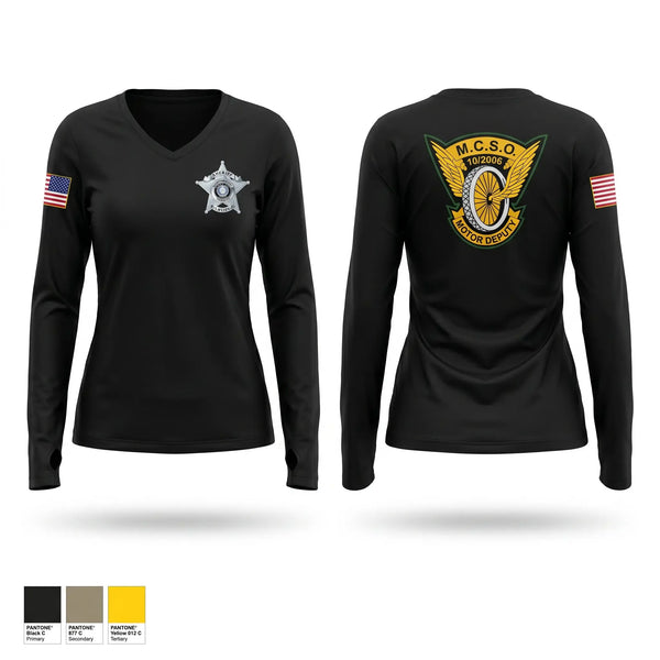 Womens Long Sleeve Vneck Shirt, MCSO MOTORS, Police, Teamtime, Team time, sublimation, custom sports apparel, team uniforms, spirit wear, spiritwear, sports uniforms, custom shirts, team store, custom team store, fundraiser sports, apparel fundraiser