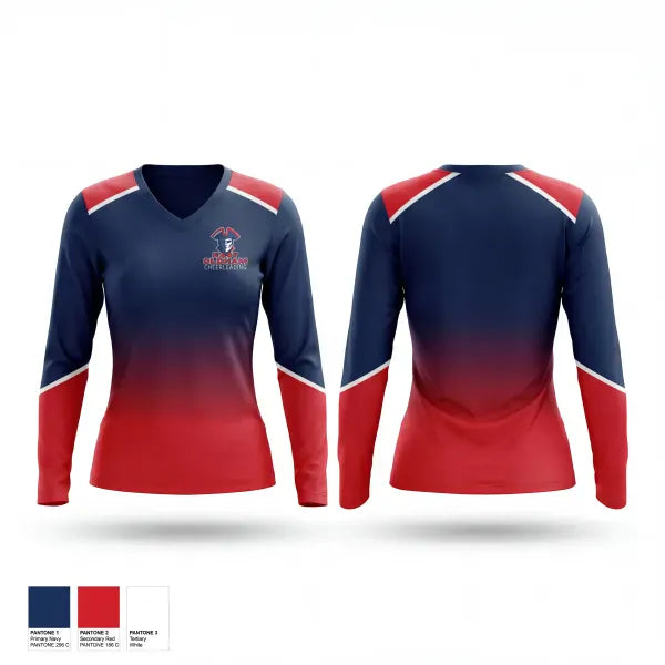 Womens Long Sleeve Vneck Shirt, East Oldham Middle School, Cheer, Teamtime, Team time, sublimation, custom sports apparel, team uniforms, spirit wear, spiritwear, sports uniforms, custom shirts, team store, custom team store, fundraiser sports, apparel fundraiser