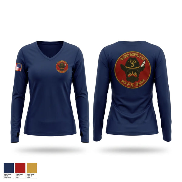 Womens Long Sleeve Vneck Shirt, Nicholasville Fire Truck 3, Fire Department, Teamtime, Team time, sublimation, custom sports apparel, team uniforms, spirit wear, spiritwear, sports uniforms, custom shirts, team store, custom team store, fundraiser sports, apparel fundraiser