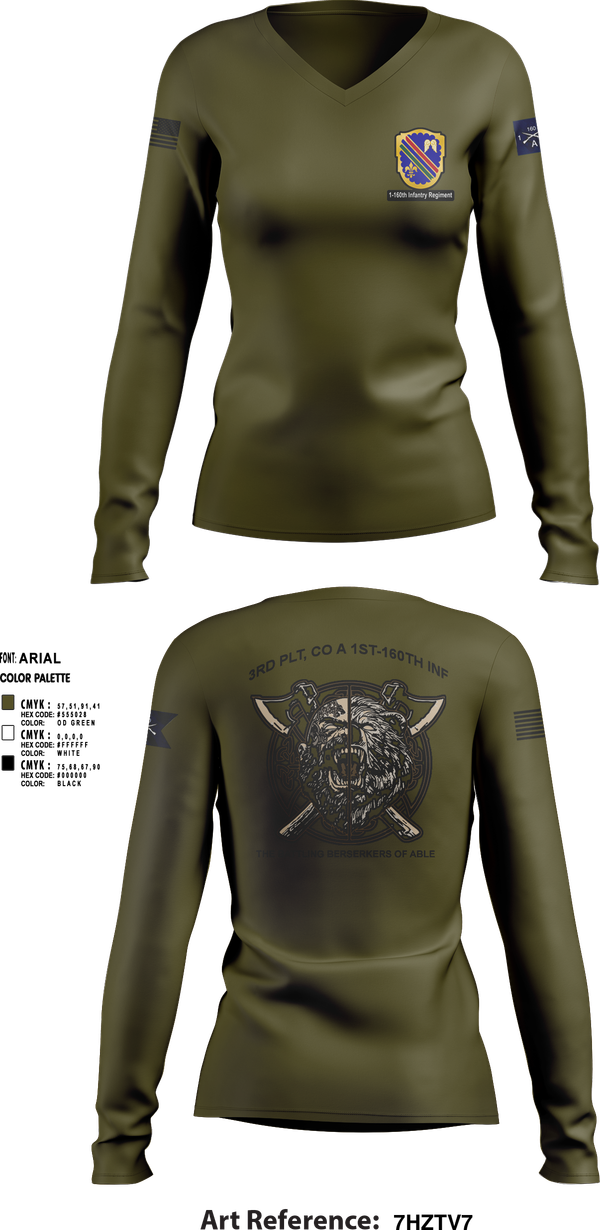 Womens Long Sleeve Vneck Shirt, Co A, 1st-160th INF, 79th IBCT, , Teamtime, Team time, sublimation, custom sports apparel, team uniforms, spirit wear, spiritwear, sports uniforms, custom shirts, team store, custom team store, fundraiser sports, apparel fundraiser