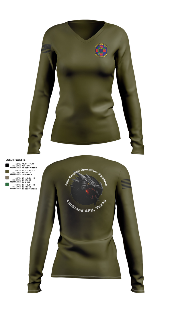Womens Long Sleeve Vneck Shirt, 59th Surgical Operations Squadron, Air Force, Teamtime, Team time, sublimation, custom sports apparel, team uniforms, spirit wear, spiritwear, sports uniforms, custom shirts, team store, custom team store, fundraiser sports, apparel fundraiser