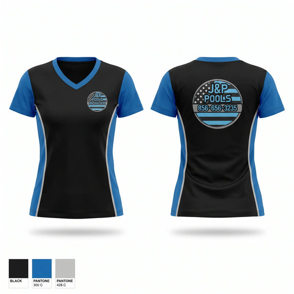 Womens Short Sleeve Vneck Shirt, J&P Pools, , Teamtime, Team time, sublimation, custom sports apparel, team uniforms, spirit wear, spiritwear, sports uniforms, custom shirts, team store, custom team store, fundraiser sports, apparel fundraiser