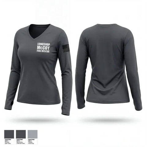 Womens Long Sleeve Vneck Shirt, Longshop McCoy Fire Rescue, Fire Department, Teamtime, Team time, sublimation, custom sports apparel, team uniforms, spirit wear, spiritwear, sports uniforms, custom shirts, team store, custom team store, fundraiser sports, apparel fundraiser