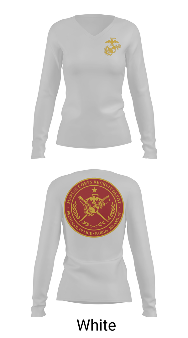 Womens Long Sleeve Vneck Shirt, MCRD Parris Island Protocol Office, Marines, Teamtime, Team time, sublimation, custom sports apparel, team uniforms, spirit wear, spiritwear, sports uniforms, custom shirts, team store, custom team store, fundraiser sports, apparel fundraiser
