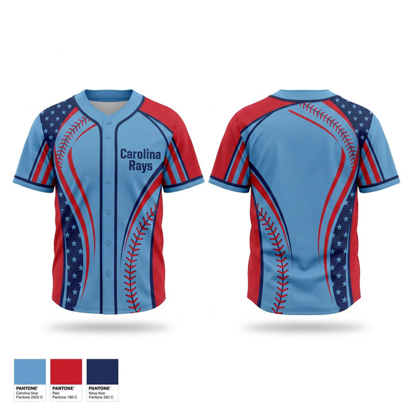 Full Button Baseball Jersey, Carolina Rays, Baseball, Teamtime, Team time, sublimation, custom sports apparel, team uniforms, spirit wear, spiritwear, sports uniforms, custom shirts, team store, custom team store, fundraiser sports, apparel fundraiser