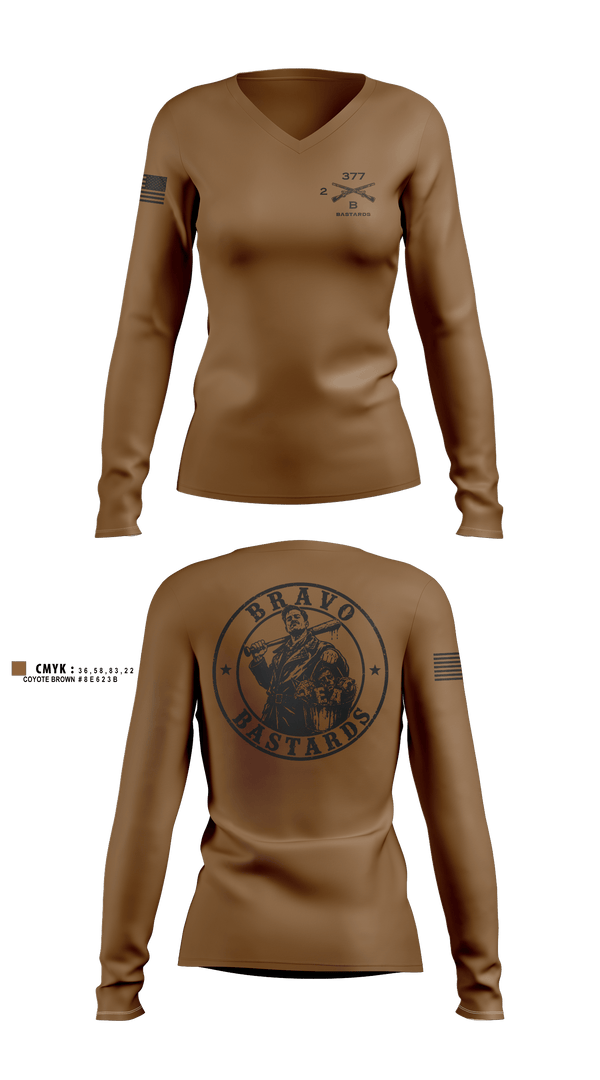 Womens Long Sleeve Vneck Shirt, Bravo Co 2/377, Army, Teamtime, Team time, sublimation, custom sports apparel, team uniforms, spirit wear, spiritwear, sports uniforms, custom shirts, team store, custom team store, fundraiser sports, apparel fundraiser