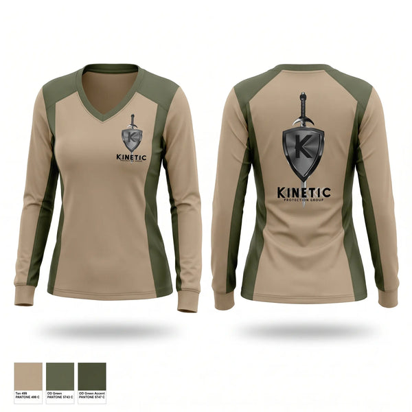 Womens Long Sleeve Vneck Shirt, Kinetic Protection Group, , Teamtime, Team time, sublimation, custom sports apparel, team uniforms, spirit wear, spiritwear, sports uniforms, custom shirts, team store, custom team store, fundraiser sports, apparel fundraiser