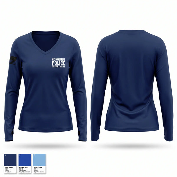 Womens Long Sleeve Vneck Shirt, Honolulu Police Department, Police, Teamtime, Team time, sublimation, custom sports apparel, team uniforms, spirit wear, spiritwear, sports uniforms, custom shirts, team store, custom team store, fundraiser sports, apparel fundraiser