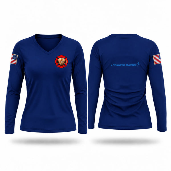 Womens Long Sleeve Vneck Shirt, Lockheed Martin Fire Rescue, Fire Department, Teamtime, Team time, sublimation, custom sports apparel, team uniforms, spirit wear, spiritwear, sports uniforms, custom shirts, team store, custom team store, fundraiser sports, apparel fundraiser