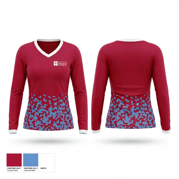 Womens Long Sleeve Vneck Shirt, Saint John's Preparatory School Track & Field, Track & Field, Teamtime, Team time, sublimation, custom sports apparel, team uniforms, spirit wear, spiritwear, sports uniforms, custom shirts, team store, custom team store, fundraiser sports, apparel fundraiser