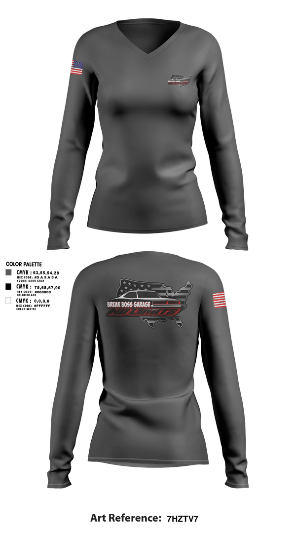 Women's Long Sleeve Vneck Shirt, Brake Boss Garage, Marines, Teamtime, Team time, sublimation, custom sports apparel, team uniforms, spirit wear, spiritwear, sports uniforms, custom shirts, team store, custom team store, fundraiser sports, apparel fundraiser