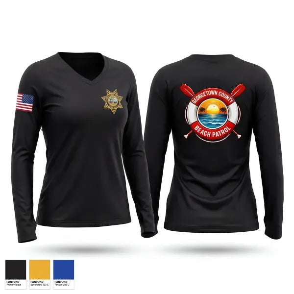 Womens Long Sleeve Vneck Shirt, Georgetown County Beach Patrol, Police, Teamtime, Team time, sublimation, custom sports apparel, team uniforms, spirit wear, spiritwear, sports uniforms, custom shirts, team store, custom team store, fundraiser sports, apparel fundraiser