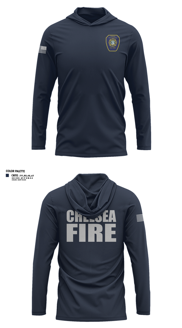 Long Sleeve Hooded Sun Shirt, Chelsea Fire, Fire Department, Teamtime, Team time, sublimation, custom sports apparel, team uniforms, spirit wear, spiritwear, sports uniforms, custom shirts, team store, custom team store, fundraiser sports, apparel fundraiser