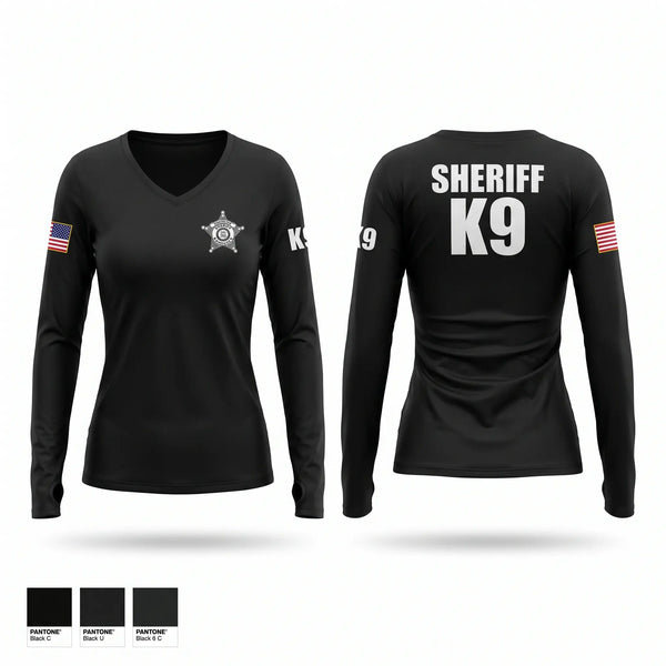 Womens Long Sleeve Vneck Shirt, Sheriff K9, Police, Teamtime, Team time, sublimation, custom sports apparel, team uniforms, spirit wear, spiritwear, sports uniforms, custom shirts, team store, custom team store, fundraiser sports, apparel fundraiser