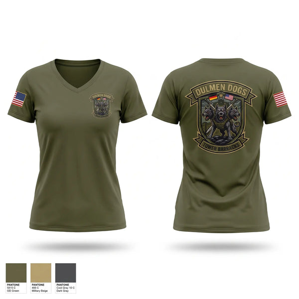 Womens Short Sleeve Vneck Shirt, Dulmen DES, Army, Teamtime, Team time, sublimation, custom sports apparel, team uniforms, spirit wear, spiritwear, sports uniforms, custom shirts, team store, custom team store, fundraiser sports, apparel fundraiser