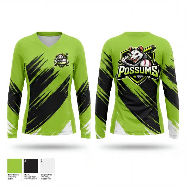 Womens Long Sleeve Vneck Shirt, Possums, Baseball, Teamtime, Team time, sublimation, custom sports apparel, team uniforms, spirit wear, spiritwear, sports uniforms, custom shirts, team store, custom team store, fundraiser sports, apparel fundraiser