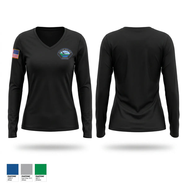 Womens Long Sleeve Vneck Shirt, Gold Graves, Police, Teamtime, Team time, sublimation, custom sports apparel, team uniforms, spirit wear, spiritwear, sports uniforms, custom shirts, team store, custom team store, fundraiser sports, apparel fundraiser
