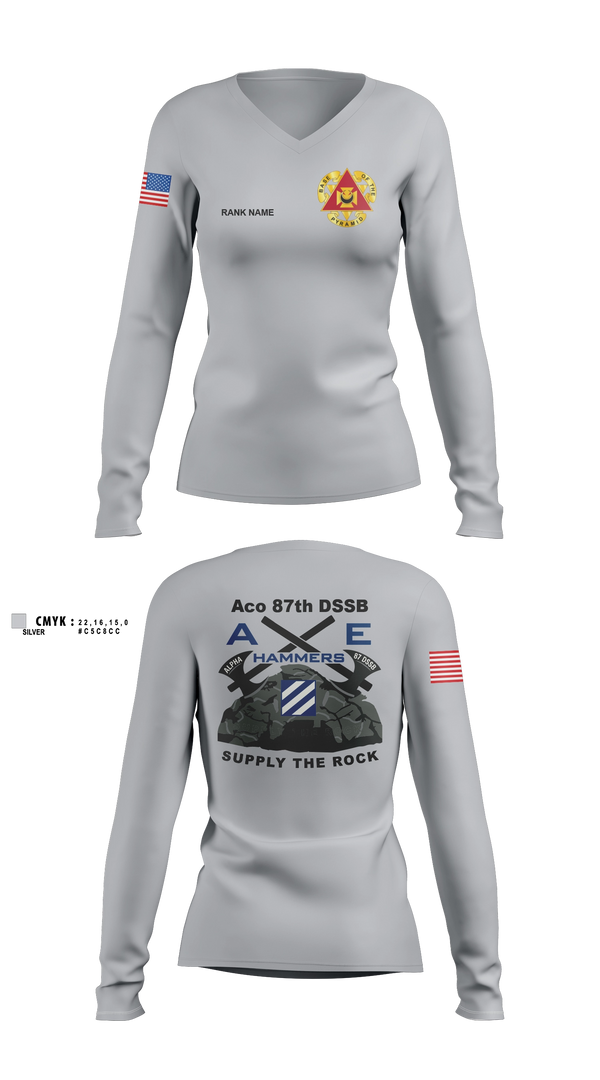Womens Long Sleeve Vneck Shirt, Aco 87th DSSB, Army, Teamtime, Team time, sublimation, custom sports apparel, team uniforms, spirit wear, spiritwear, sports uniforms, custom shirts, team store, custom team store, fundraiser sports, apparel fundraiser