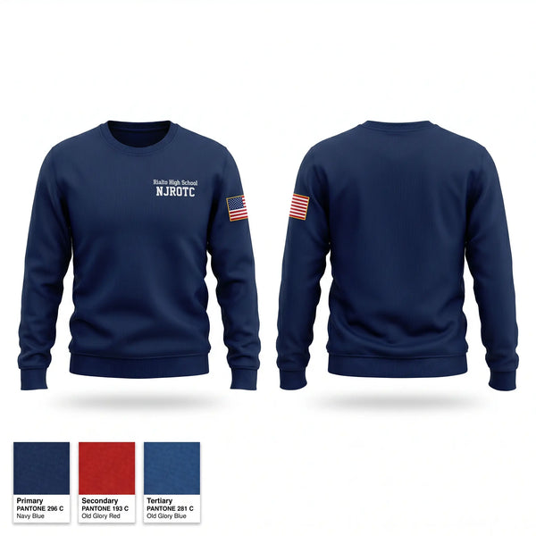 Crew Neck Sweatshirt, Rialto High School NJROTC, Navy, Teamtime, Team time, sublimation, custom sports apparel, team uniforms, spirit wear, spiritwear, sports uniforms, custom shirts, team store, custom team store, fundraiser sports, apparel fundraiser