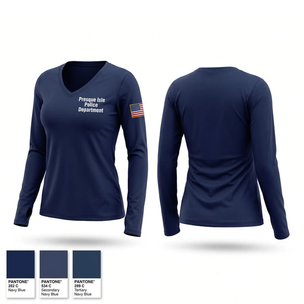 Womens Long Sleeve Vneck Shirt, Presque Isle Police Department, Police, Teamtime, Team time, sublimation, custom sports apparel, team uniforms, spirit wear, spiritwear, sports uniforms, custom shirts, team store, custom team store, fundraiser sports, apparel fundraiser