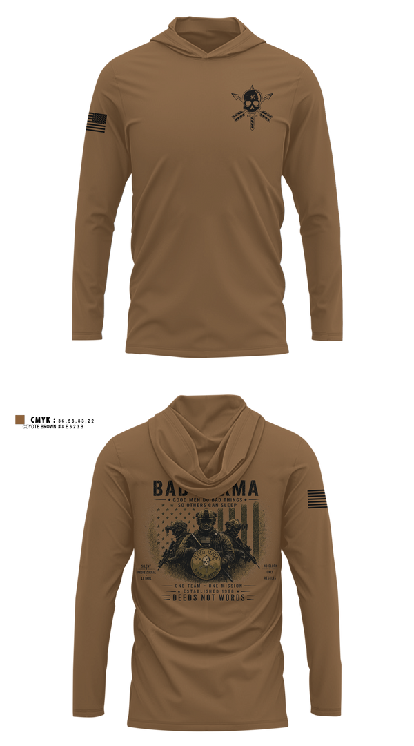 Long Sleeve Performance Shirt with hood, Bad Karma, Army, Teamtime, Team time, sublimation, custom sports apparel, team uniforms, spirit wear, spiritwear, sports uniforms, custom shirts, team store, custom team store, fundraiser sports, apparel fundraiser