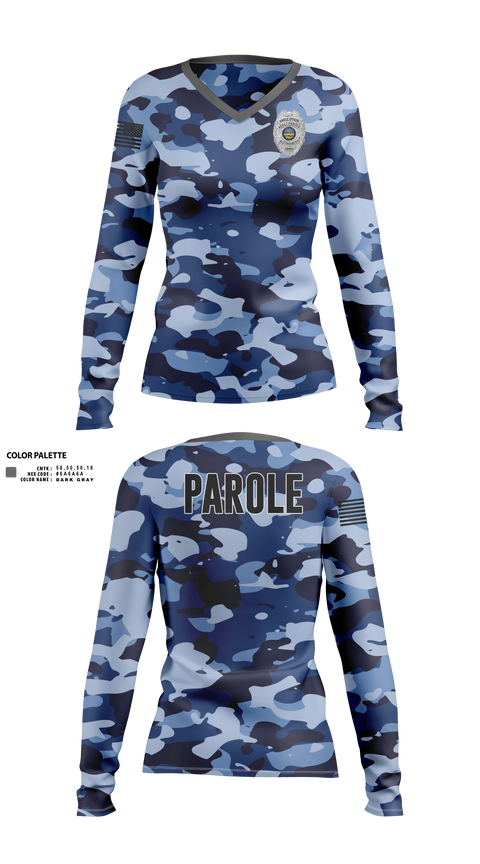 Womens Long Sleeve Vneck Shirt, Adult Parole Authority, Police, Teamtime, Team time, sublimation, custom sports apparel, team uniforms, spirit wear, spiritwear, sports uniforms, custom shirts, team store, custom team store, fundraiser sports, apparel fundraiser