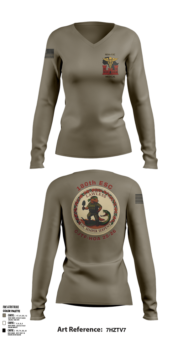Womens Long Sleeve Vneck Shirt, 180th ESC, Army, Teamtime, Team time, sublimation, custom sports apparel, team uniforms, spirit wear, spiritwear, sports uniforms, custom shirts, team store, custom team store, fundraiser sports, apparel fundraiser
