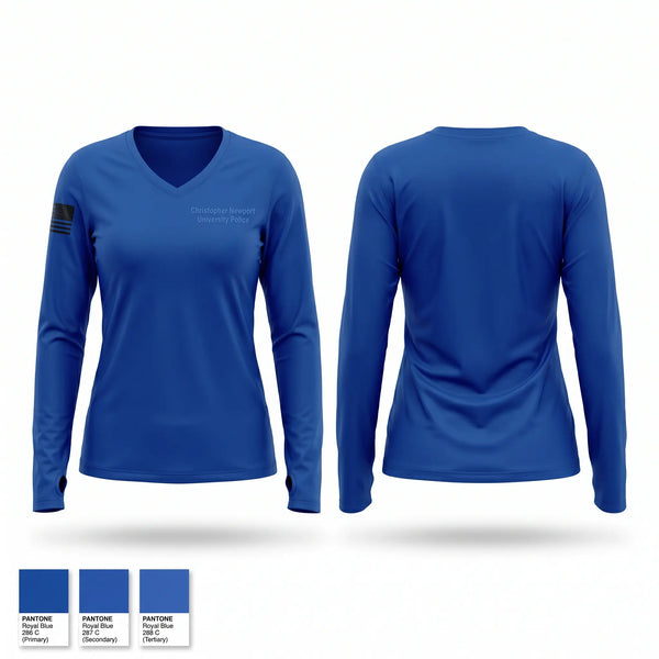 Womens Long Sleeve Vneck Shirt, Christopher Newport University Police, Police, Teamtime, Team time, sublimation, custom sports apparel, team uniforms, spirit wear, spiritwear, sports uniforms, custom shirts, team store, custom team store, fundraiser sports, apparel fundraiser