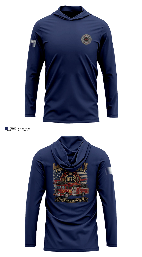 Long Sleeve hooded sunshirt, Lake City Fire Department, Fire Department, Teamtime, Team time, sublimation, custom sports apparel, team uniforms, spirit wear, spiritwear, sports uniforms, custom shirts, team store, custom team store, fundraiser sports, apparel fundraiser