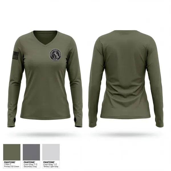 Womens Long Sleeve Vneck Shirt, Hancock County Sheriffs Department, Police, Teamtime, Team time, sublimation, custom sports apparel, team uniforms, spirit wear, spiritwear, sports uniforms, custom shirts, team store, custom team store, fundraiser sports, apparel fundraiser