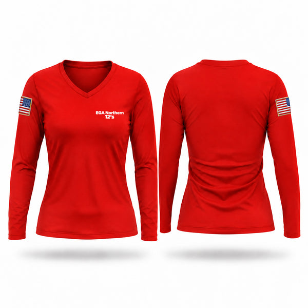 Womens Long Sleeve Vneck Shirt, EGA Northern 12's, Marines, Teamtime, Team time, sublimation, custom sports apparel, team uniforms, spirit wear, spiritwear, sports uniforms, custom shirts, team store, custom team store, fundraiser sports, apparel fundraiser