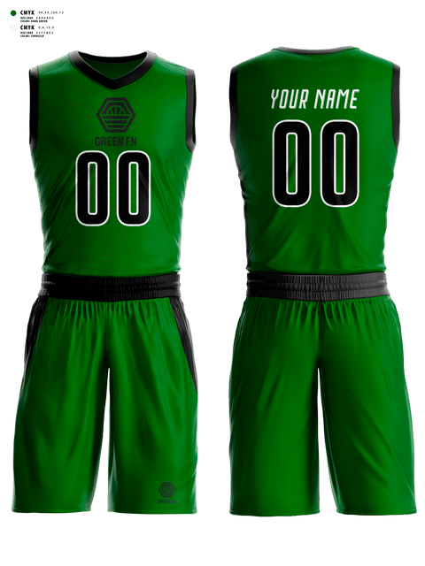 Basketball Uniform, Green fn, Men's Basketball, Teamtime, Team time, sublimation, custom sports apparel, team uniforms, spirit wear, spiritwear, sports uniforms, custom shirts, team store, custom team store, fundraiser sports, apparel fundraiser