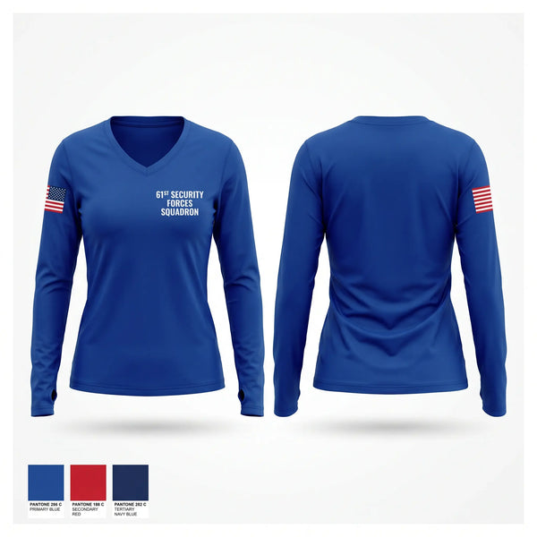 Womens Long Sleeve Vneck Shirt, 61st security forces squadron, Air Force, Teamtime, Team time, sublimation, custom sports apparel, team uniforms, spirit wear, spiritwear, sports uniforms, custom shirts, team store, custom team store, fundraiser sports, apparel fundraiser