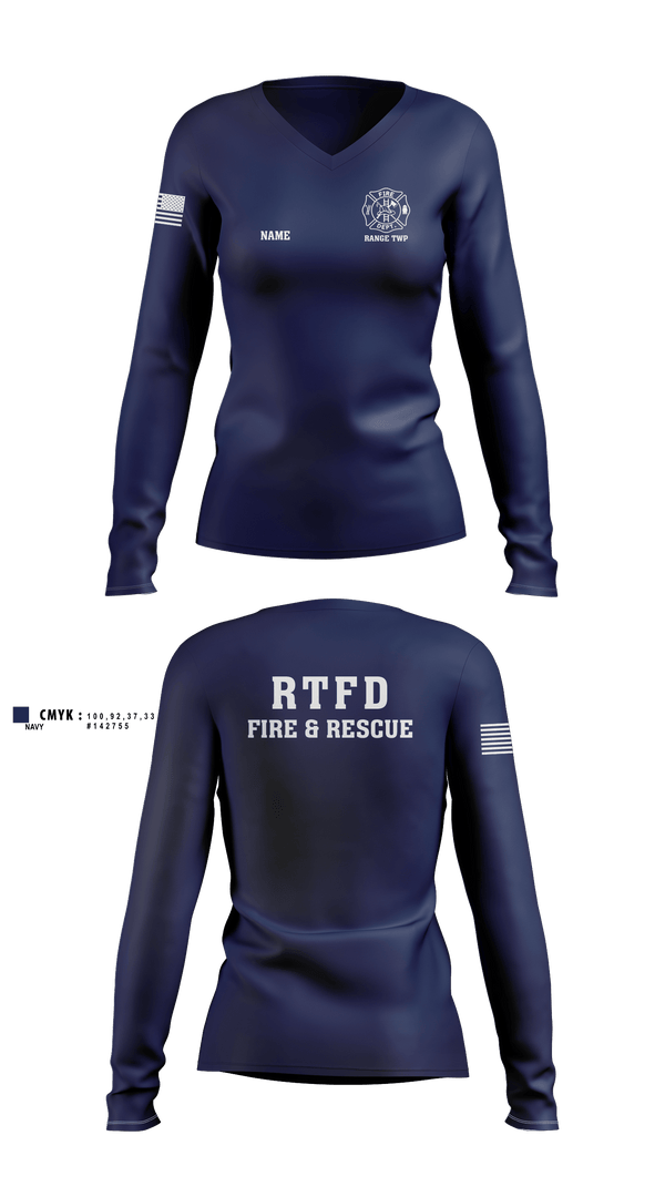 Womens Long Sleeve Vneck Shirt, Range Township, Fire Department, Teamtime, Team time, sublimation, custom sports apparel, team uniforms, spirit wear, spiritwear, sports uniforms, custom shirts, team store, custom team store, fundraiser sports, apparel fundraiser