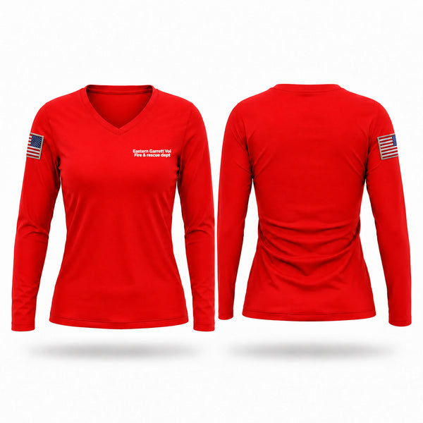 Womens Long Sleeve Vneck Shirt, Eastern Garrett Vol Fire & rescue dept, Fire Department, Teamtime, Team time, sublimation, custom sports apparel, team uniforms, spirit wear, spiritwear, sports uniforms, custom shirts, team store, custom team store, fundraiser sports, apparel fundraiser