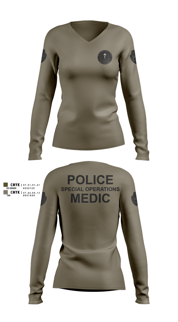 Womens Long Sleeve Vneck Shirt, Muscogee Nation Police Tactical Medical team, Police, Teamtime, Team time, sublimation, custom sports apparel, team uniforms, spirit wear, spiritwear, sports uniforms, custom shirts, team store, custom team store, fundraiser sports, apparel fundraiser