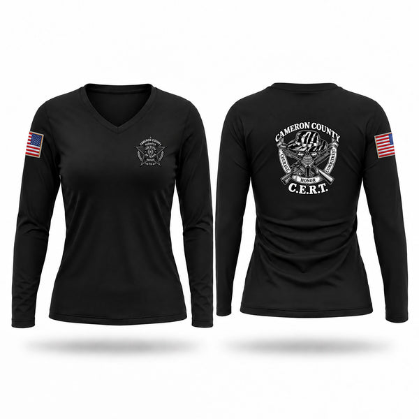 Womens Long Sleeve Vneck Shirt, Cameron County CERT, Police, Teamtime, Team time, sublimation, custom sports apparel, team uniforms, spirit wear, spiritwear, sports uniforms, custom shirts, team store, custom team store, fundraiser sports, apparel fundraiser