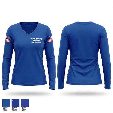 Womens Long Sleeve Vneck Shirt, Eldred Township Volunteer Fire Company, Fire Department, Teamtime, Team time, sublimation, custom sports apparel, team uniforms, spirit wear, spiritwear, sports uniforms, custom shirts, team store, custom team store, fundraiser sports, apparel fundraiser