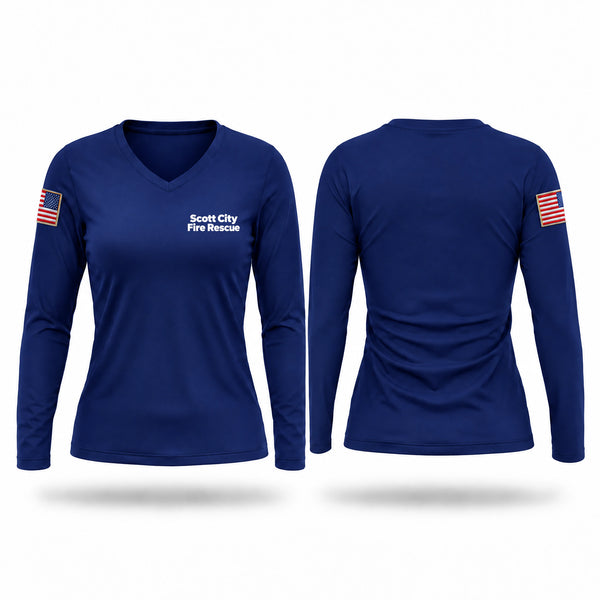 Womens Long Sleeve Vneck Shirt, Scott City Fire Rescue, Fire Department, Teamtime, Team time, sublimation, custom sports apparel, team uniforms, spirit wear, spiritwear, sports uniforms, custom shirts, team store, custom team store, fundraiser sports, apparel fundraiser