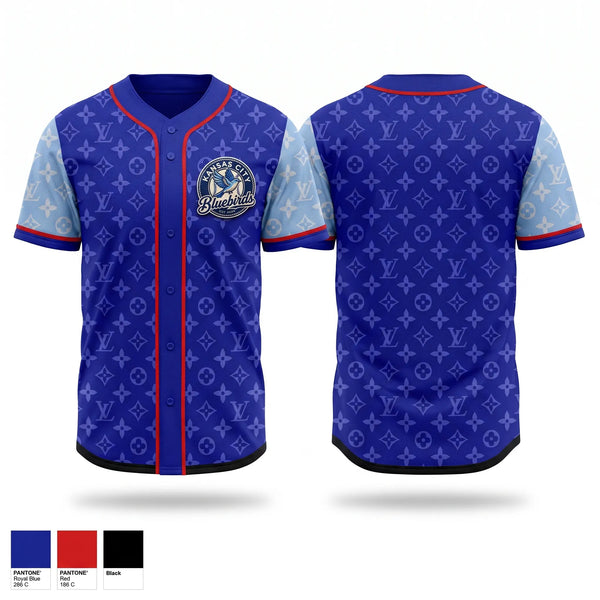 Full Button Baseball Jersey, Kansas City Bluebirds, Baseball, Teamtime, Team time, sublimation, custom sports apparel, team uniforms, spirit wear, spiritwear, sports uniforms, custom shirts, team store, custom team store, fundraiser sports, apparel fundraiser