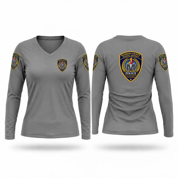 Womens Long Sleeve Vneck Shirt, Madison County Schools Police Department, Police, Teamtime, Team time, sublimation, custom sports apparel, team uniforms, spirit wear, spiritwear, sports uniforms, custom shirts, team store, custom team store, fundraiser sports, apparel fundraiser