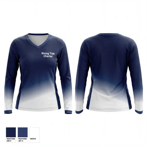 Womens Long Sleeve Vneck Shirt, Rising Tide Charter, Baseball, Teamtime, Team time, sublimation, custom sports apparel, team uniforms, spirit wear, spiritwear, sports uniforms, custom shirts, team store, custom team store, fundraiser sports, apparel fundraiser