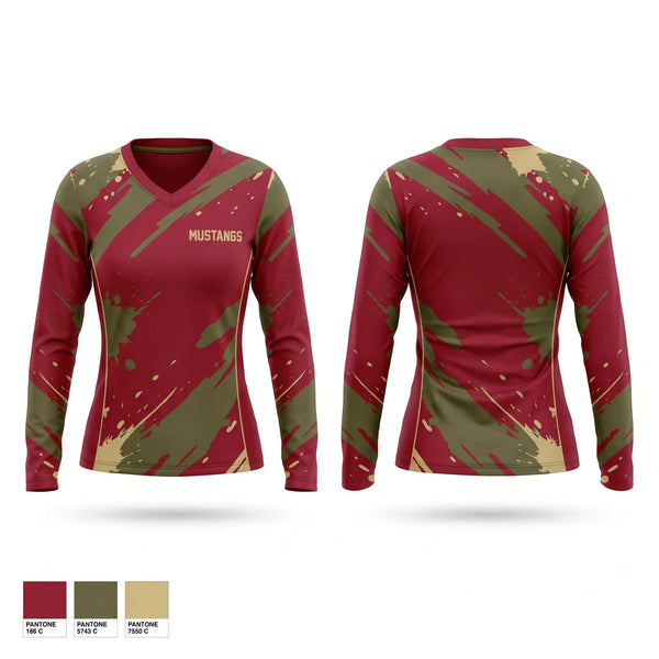 Womens Long Sleeve Vneck Shirt, Mustangs, , Teamtime, Team time, sublimation, custom sports apparel, team uniforms, spirit wear, spiritwear, sports uniforms, custom shirts, team store, custom team store, fundraiser sports, apparel fundraiser